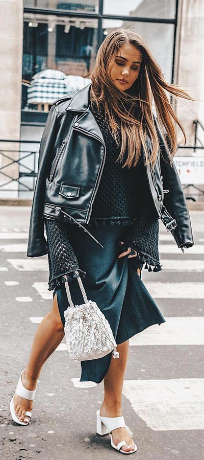 We scoured best Instagram fashion influencers to find these 29 classy spring outfits via higiggle.com | cute street style | midi dress + leather jacket | #fashion #springoutfits #style #streetstyle