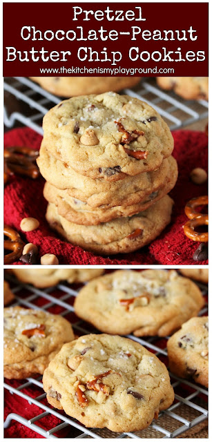 Pretzel Chocolate-Peanut Butter Chip Cookies ~ The delicious sweet-salty combination of salt, chocolate, and peanut butter joins forces in a fun and scrumptious cookie form! These aren't your average chocolate chip cookies. #cookies #chocolatechipcookies #peanutbuttercookies #pretzelcookies  www.thekitchenismyplayground.com