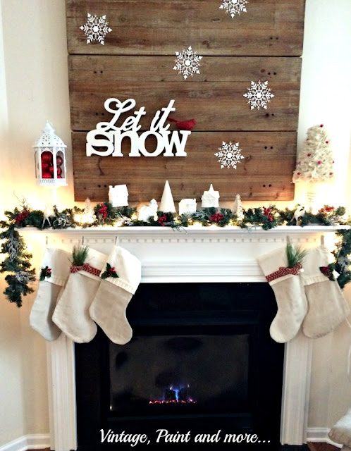 Vintage, Paint and more... Christmas mantel with white snow and pops of red color 
