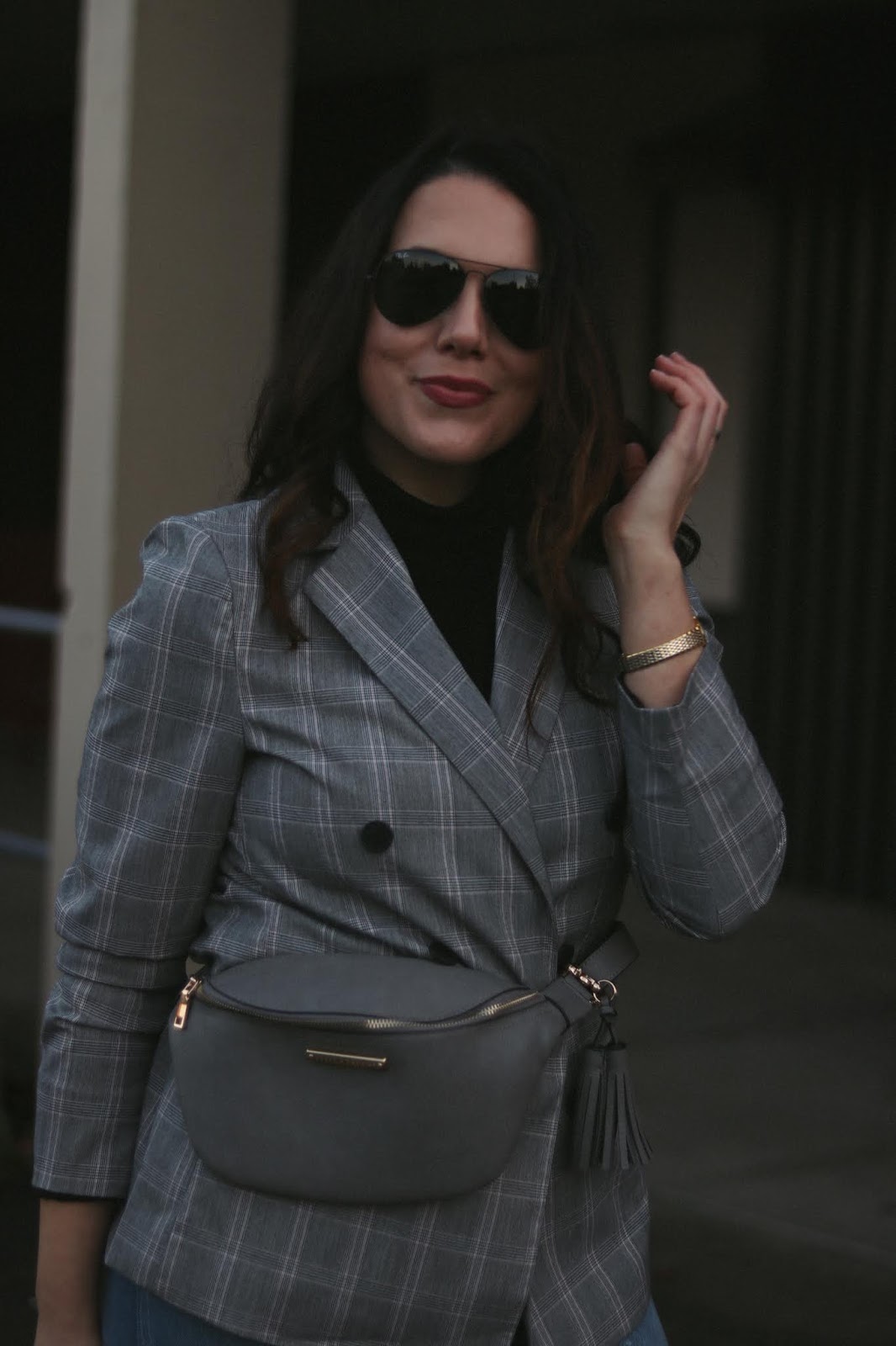 plaid blazer outfit le chateau vancouver fashion blogger aleesha harris poppy and peonies fanny pack