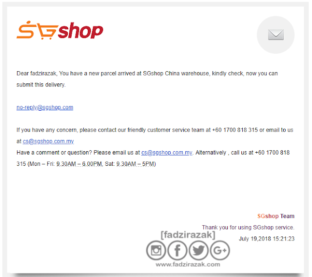 SGShop Parcel Arrived Email Notification
