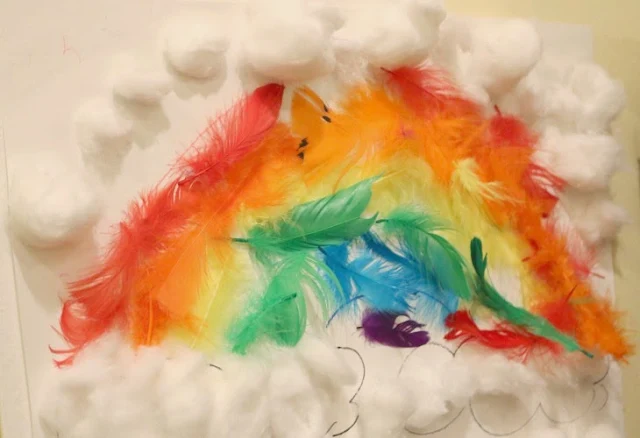 rainbow sensory activity with feathers