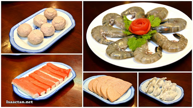 Various meat, seafood and dumplings to enjoy   