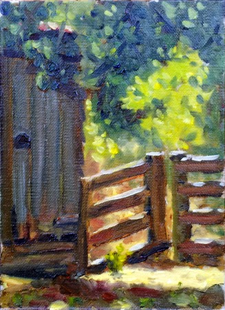 Oil painting of a shed door and a post and rail fence, partly in shade and partly in bright sunshine.