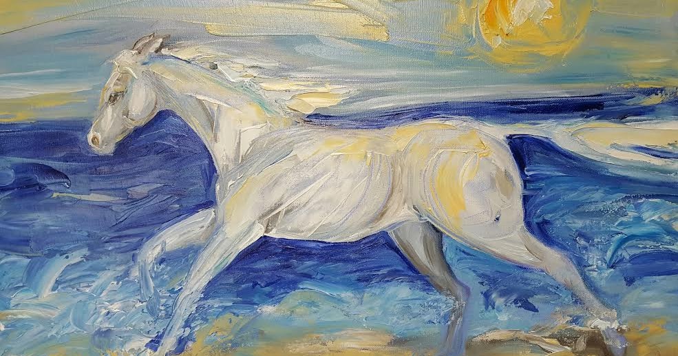 Abstract Horse Art White Horse on beach, Abstract Oil Painting