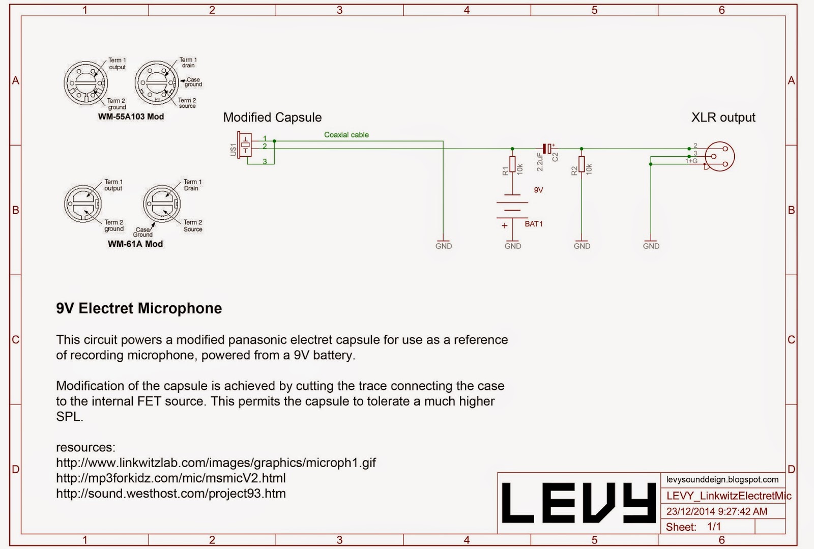 Levy Sound Design 9V Panasonic Electret Mic