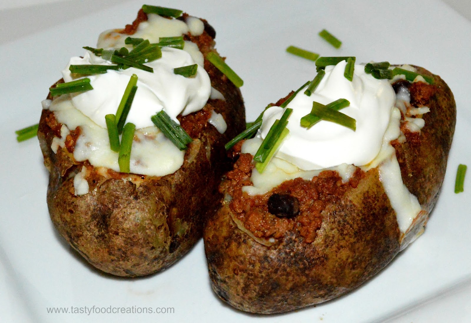 Tasty Food Creations Loaded Baked Potato with Chili