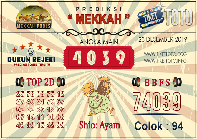 Prediksi Togel MEKKAH TIKETTOTO 23 DESEMBER 2019