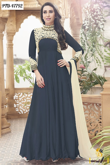 Diwali and Karva Chauth special Karishma Kapoor cobalt blue chiffon anarkali salwar suit online shopping with discount sale at pavitraa.in