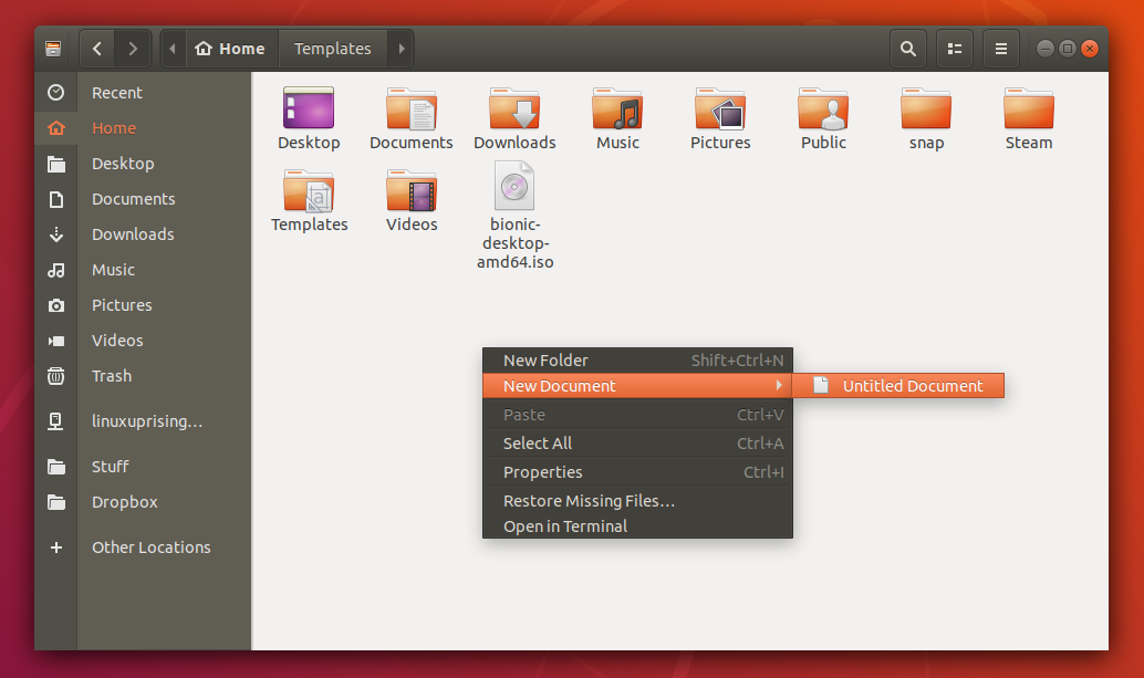 Ubuntu 20.10, 20.04 Or 18.04 Add New Document Nautilus Context Menu