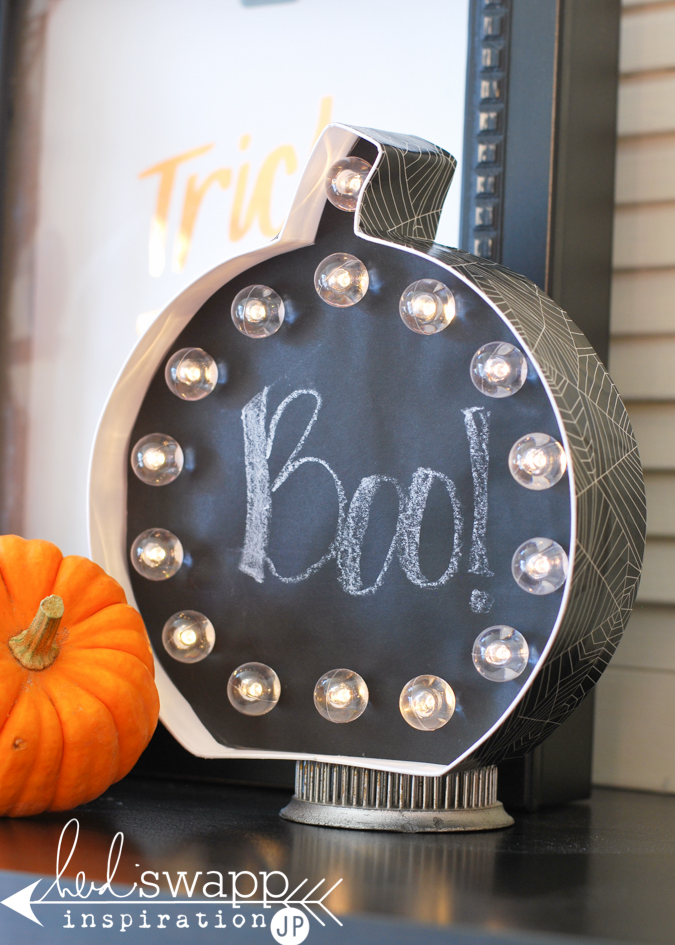 Say Boo Halloween Marquee  |  Best way to say boo! this Halloween…insert chalk paper from @michaelsstores into Heidi Swapp Marquee Love Pumpkin and light the celebration. @jamiepate for @heidiswapp