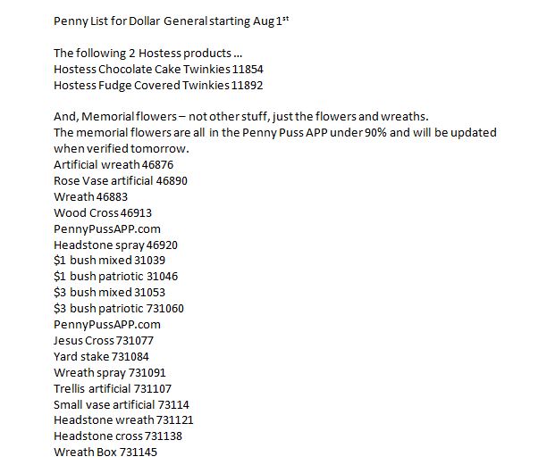 Penny Puss: Dollar General Penny List for Tuesday, Aug 1