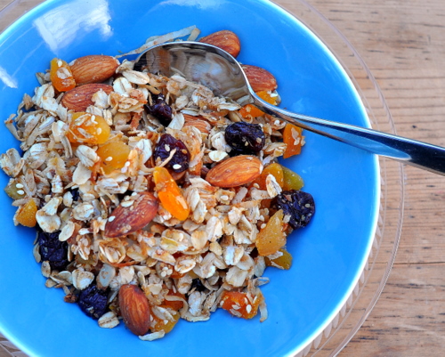 Homemade Granola with Almonds & Apricots ♥ KitchenParade.com, just a little sweetness, just a little oil, ensuring the toasted oats, nuts and dried fruit are the real stars. Recipe, tips, nutrition and Weight Watchers points.