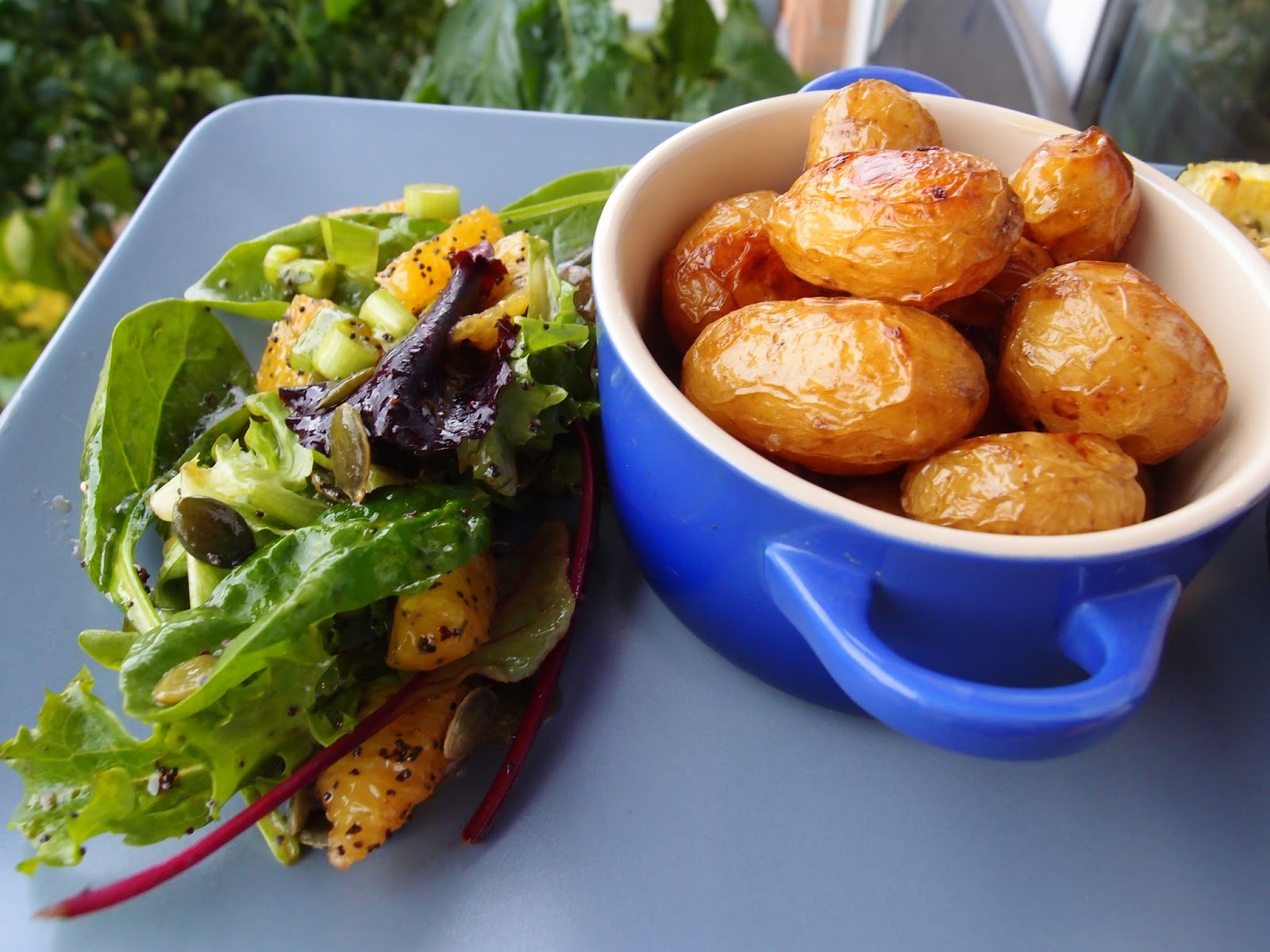 The VegHog Stuffed gem squashes with baked new potatoes