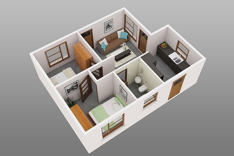 Ilustrasi Desain Rumah Petak 2 Kamar Tidur 3D Minimalis Sederhana