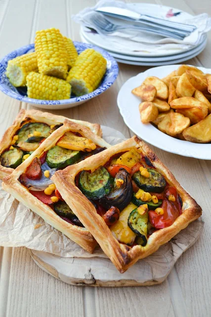 puff pastry tart, filled with roast vegetables