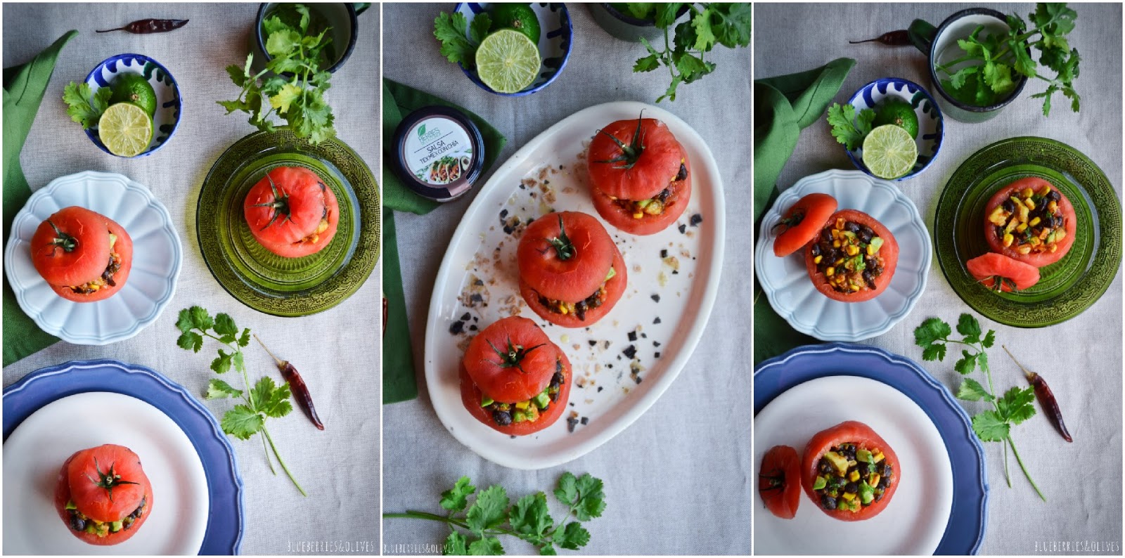 AERIAL VIEW STUFFED TOMATOES IN VINTAGE PORCELAIN DISH, GREEN KITCHEN CLOTH, CILANTRO LEAVES, SALT FLAKES, LIME WEDGES