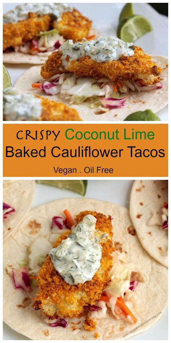 Crispy Coconut Lime Baked Cauliflower Tacos - the combo of sweet and sour slaw, super crispy coconut lime cauliflower and a creamy tangy tartar sauce is a flavor explosion in your mouth!! I can't stop eating these!! #vegan #dairyfree #oilfree