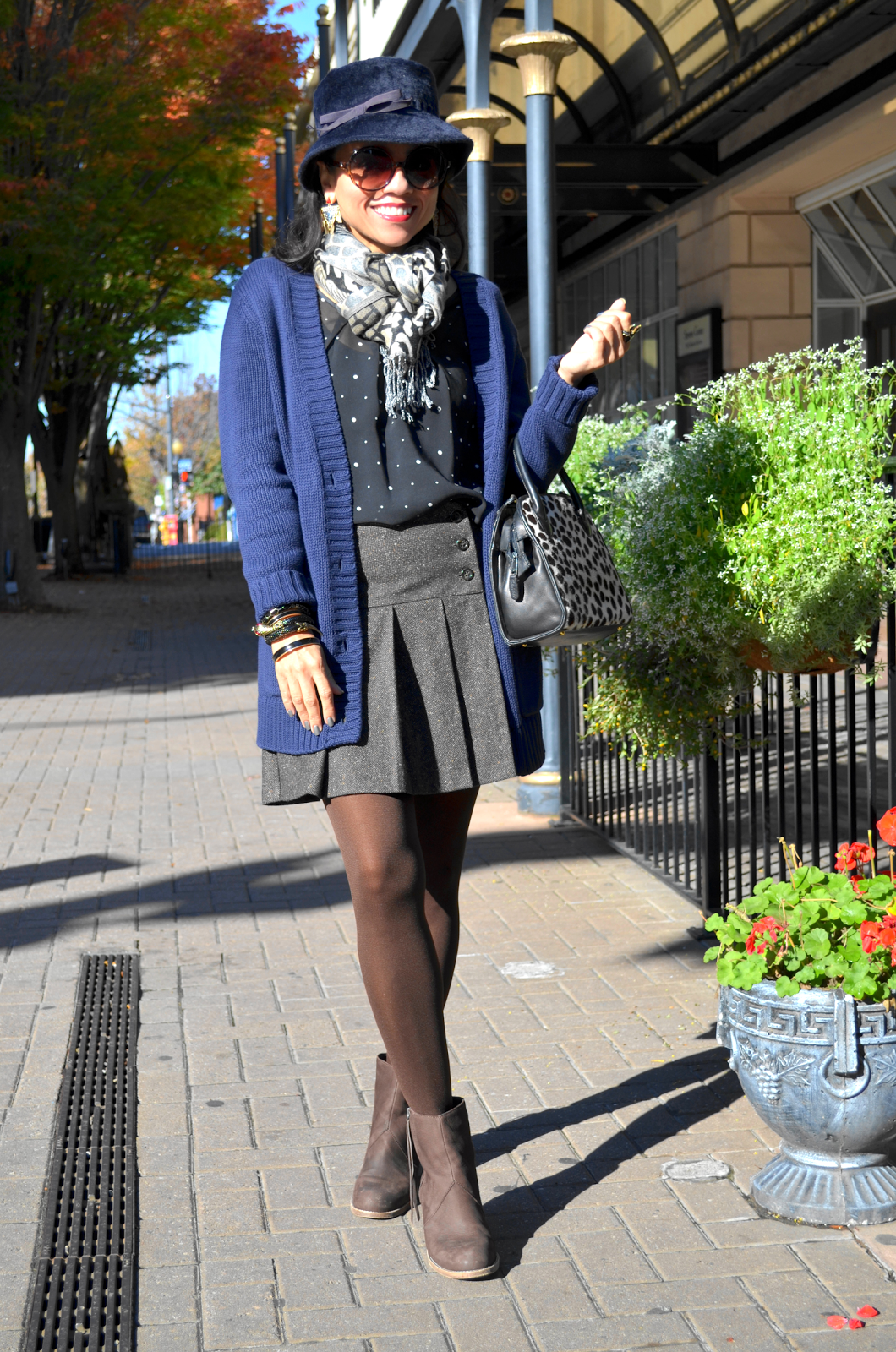 Blue cardiganBrown Tweed Skirt MY SMALL WARDROBE