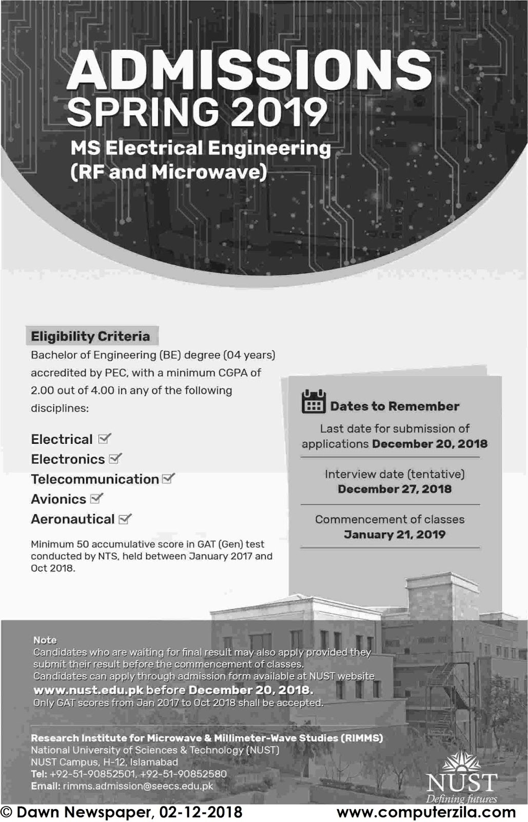 Admissions Open For Spring 2019 At NUST Islamabad Campus