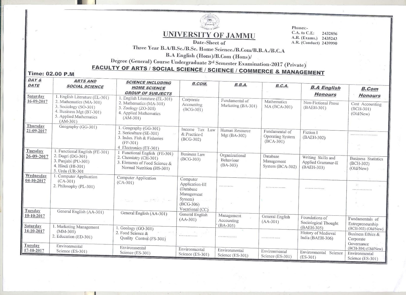 DATE SHEET OF BA/B.SC./B.SC. HOME ENGLISH (HONS