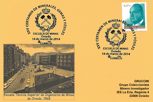 Matasellos del 25 aniversario del Certamen de Minerales, Gemas y Fósiles de la Escuela de Minas, Oviedo