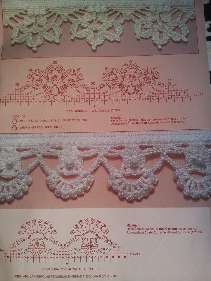 diagrama de puntilla tejida al crochet con agregado de perlas