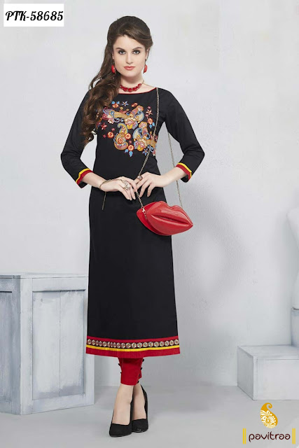 Fashionable Black Color Party Wear Straight Long Embroidery Kurti for Special Occasions Online Shopping with Low Range Prices at Pavitraa.in