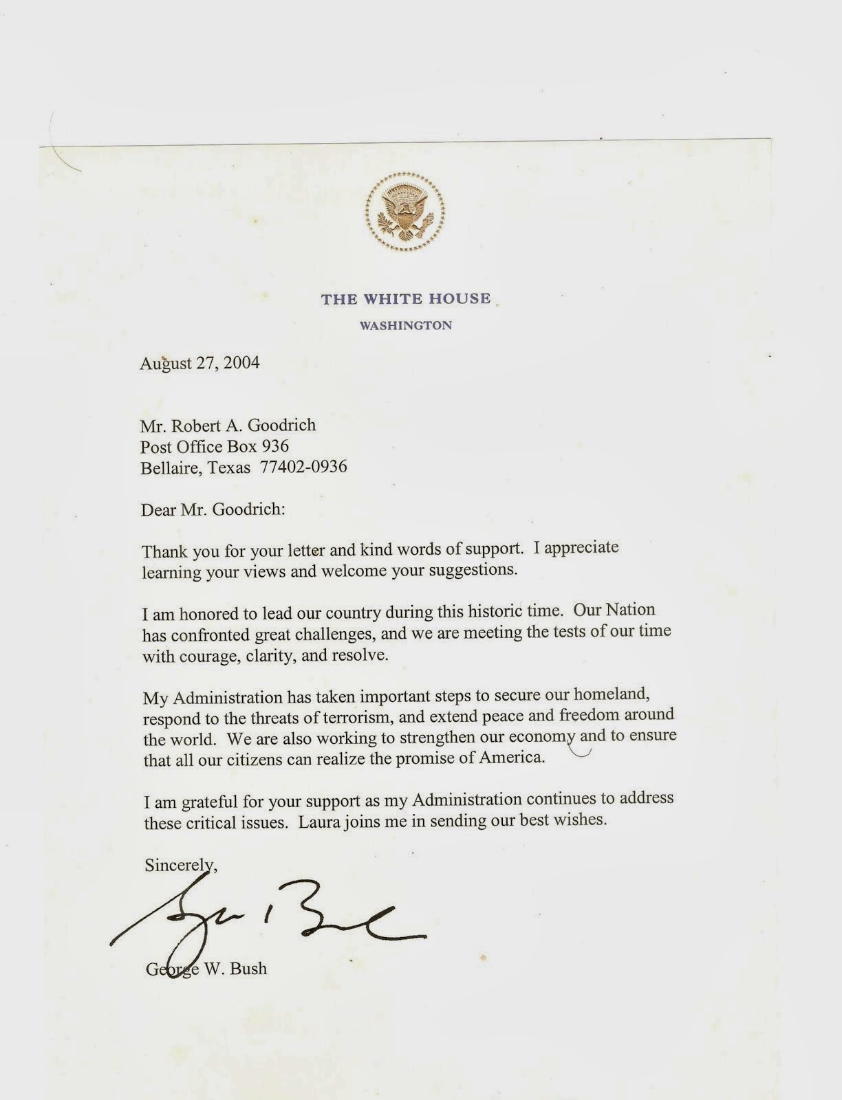 Carta del Ex-Presidente George W. Bush