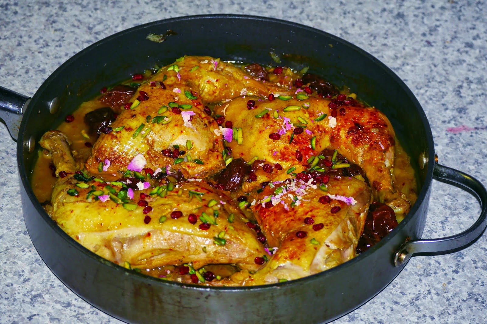 Persian style dried yellow prune chicken stew