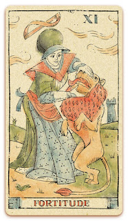 Fortitude card - Colored illustration - Curio & Co Tarot of Musterberg - In the spirit of the Marseille tarot - major arcana - design and illustration by Cesare Asaro - Curio & Co. (Curio and Co. OG - www.curioandco.com)