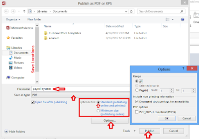 Specify your export settings from the Publish pdf or xps dialogue box