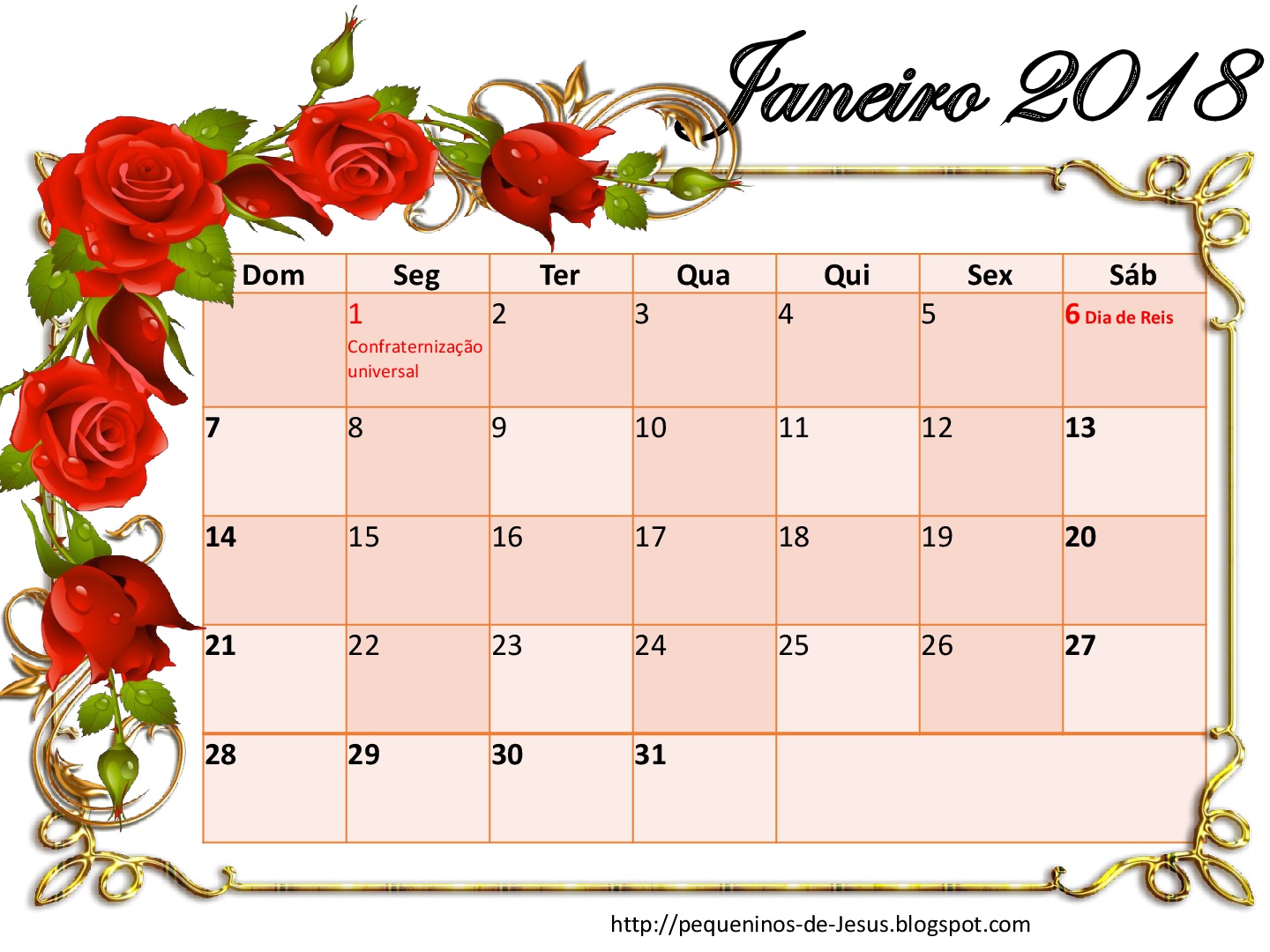 Pequeninos de Jesus Calendário mensal 2018