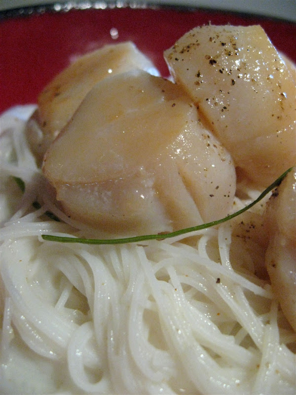 Morsels and Musings scallops w lemongrass & kaffir vermicelli