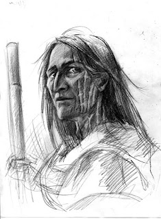 Dibujo de una persona mayor con pelo largo, cicatrices en la cara y bastón.