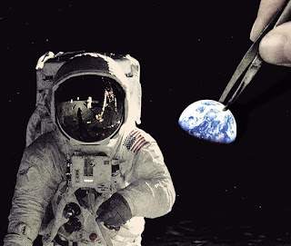 NASA and its 1950's technology have been no more than a false front to keep the Cabal's secret space program beyond our reach. image of moon astronaut with a hand positioning an earth sticker over it.