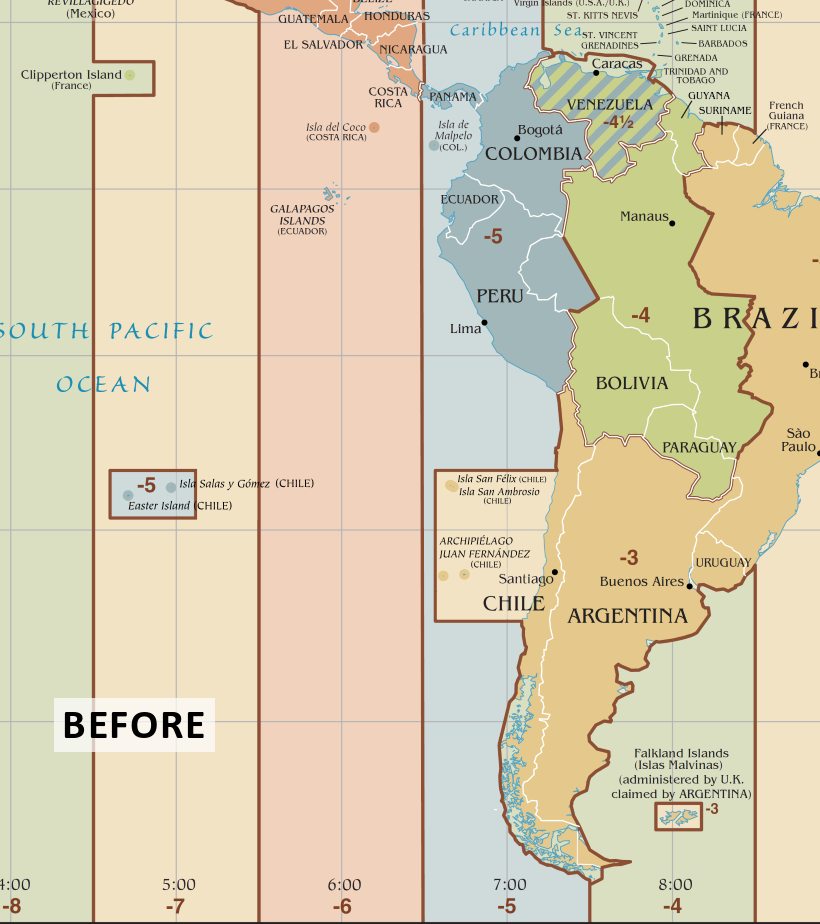 Before and after: Interactive map of time zones that changed during 2016 in South America