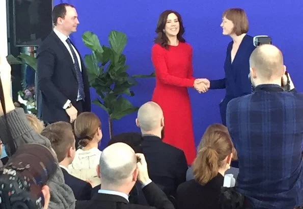 Crown Princess Mary wore a red midi dress by Dolce and Gabbana. Crown Princess Mary Dolce & Gabbana red contrast-stitch cady dress