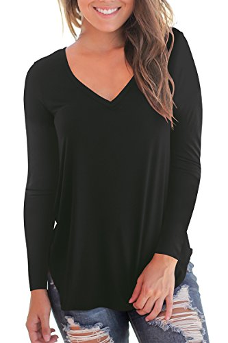 Women's Long Sleeve V Neck High Low Hem T Shirts Top Plus Size Black XL ...