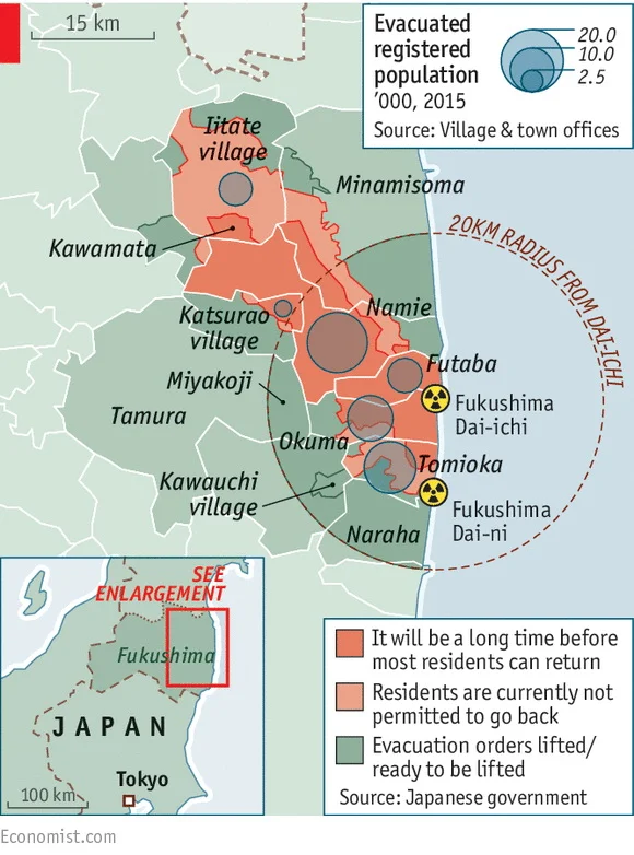 Map of uninhabitable, nuclear-contamination zones, around Fukushima (Japan)