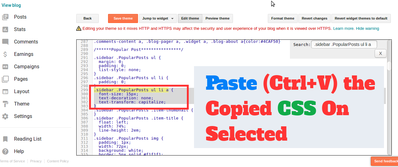 Paste the copied CSS to Selected CSS into Blogger
