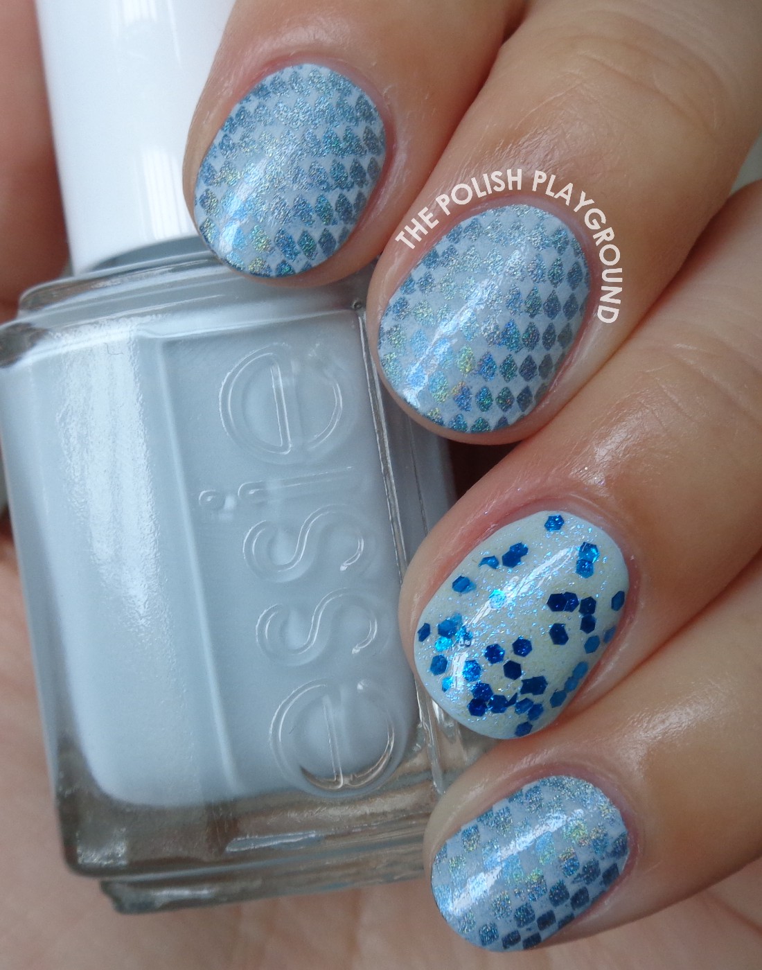 Blue Holographic and White Stamping with Bow Stud Accent Nail Art