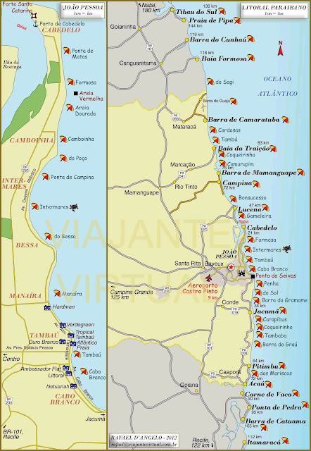 Mapa das praias de João Pessoa e do litoral da Paraiba