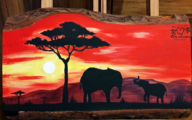 melzak-art, melzak art, melzacki, nocą malowane, handmade, malarstwo, obraz na drewnie, dekoracje, pejzaż, sunset, zachód słońca, sawanna, słoń, na szczęście, drzewo, afryka