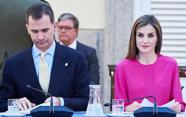 King Felipe and Queen Letizia attend a meeting Boards of Trustees of the Princess of Asturias Foundation Letizia wore UTERQUE Nappa Trousers PRADA Toe Pump