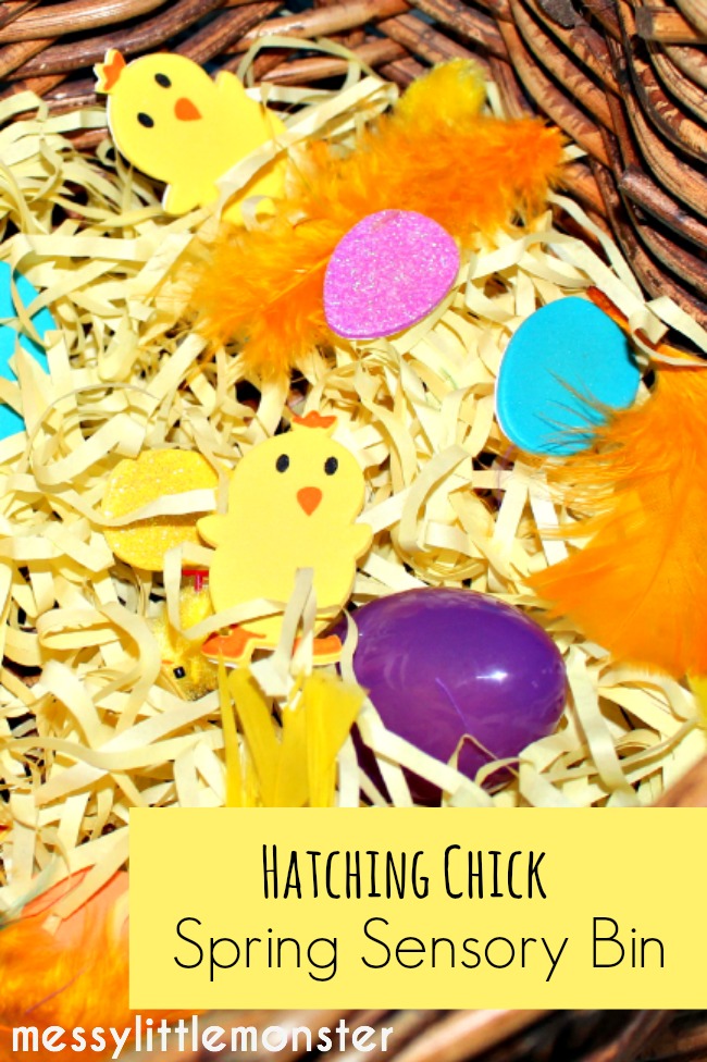 Easter egg and chick spring sensory bin activity for toddlers and preschoolers.