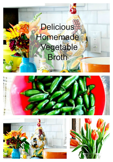 Jemma's kitchen- orange- stock pot- flowers- savory vegetable