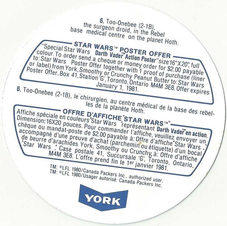 only in Canada Star Wars York Peanut butter card set 1981 