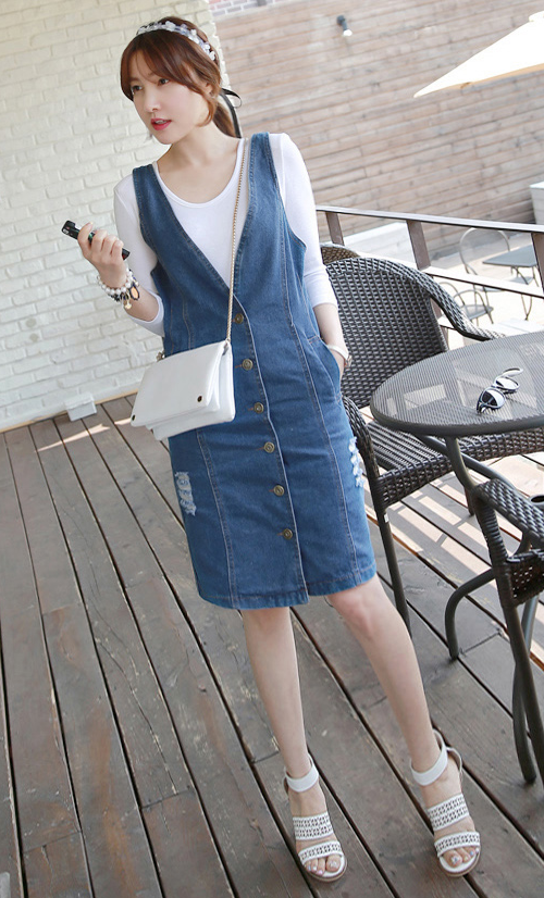 [Miamasvin] Shirred Back Denim Dress | KSTYLICK - Latest Korean Fashion ...
