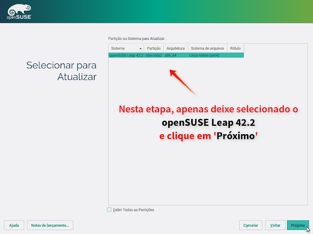Selecione o sistema que deseja atualizar (no caso, o openSUSE Leap 42.2)